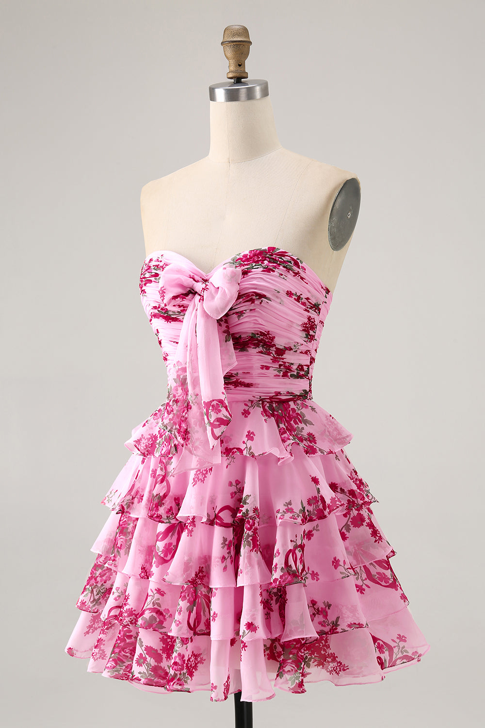 White Blue Flower A-line Strapless Tiered Mini Homecoming Dress with Front Bow