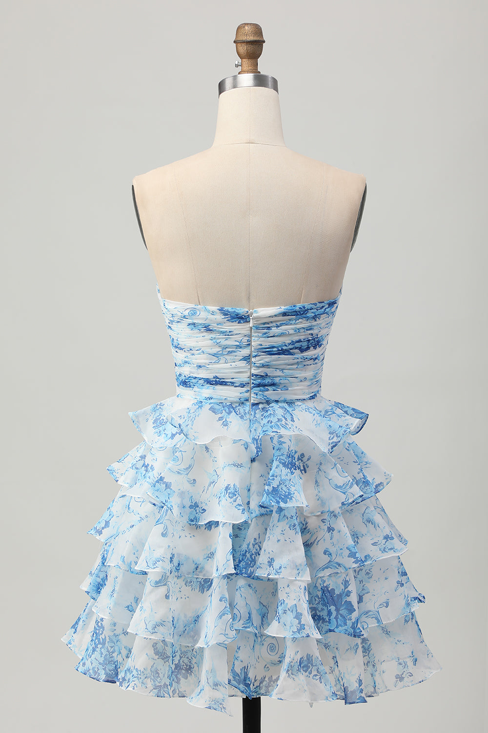 White and Blue Floral Ruffled Strapless Short Homecoming Dress with Bow