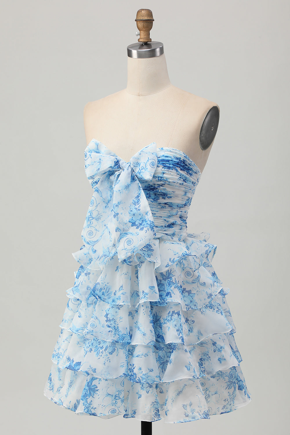 White Blue Flower A-line Strapless Tiered Mini Homecoming Dress with Front Bow