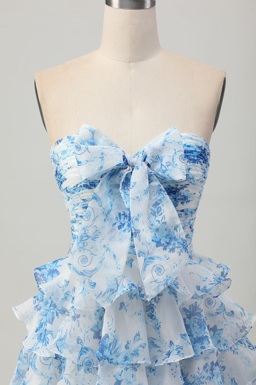 White and Blue Floral Ruffled Strapless Short Homecoming Dress with Bow