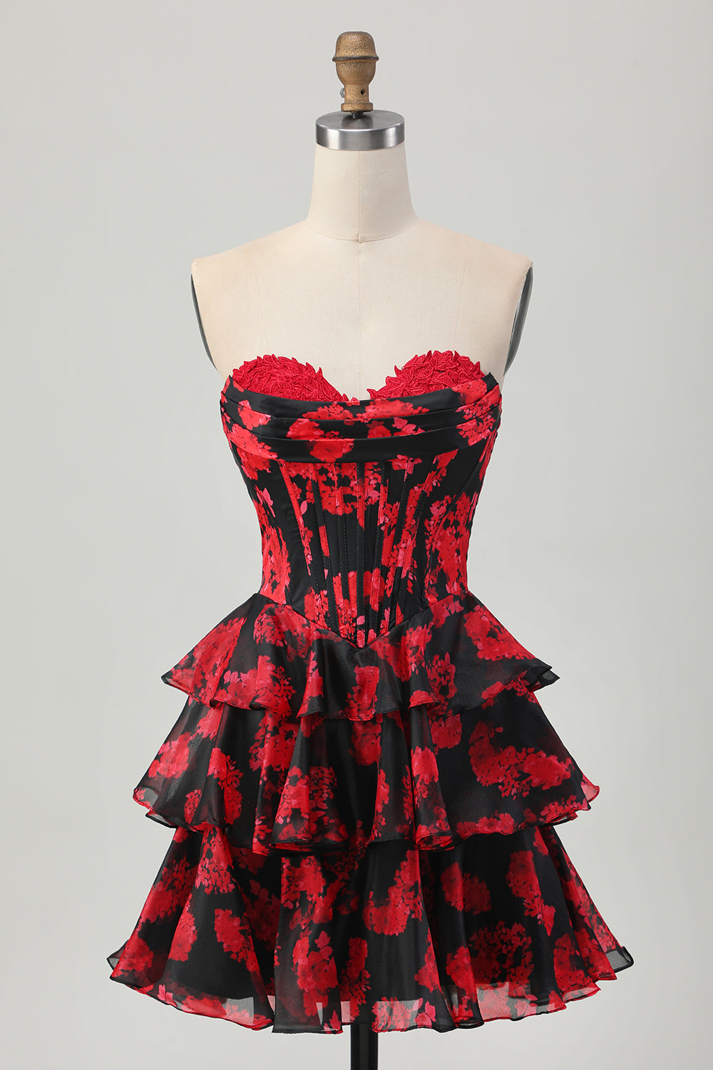 Black and Red Corset Sweetheart Floral Short Homecoming Dress with Ruffles