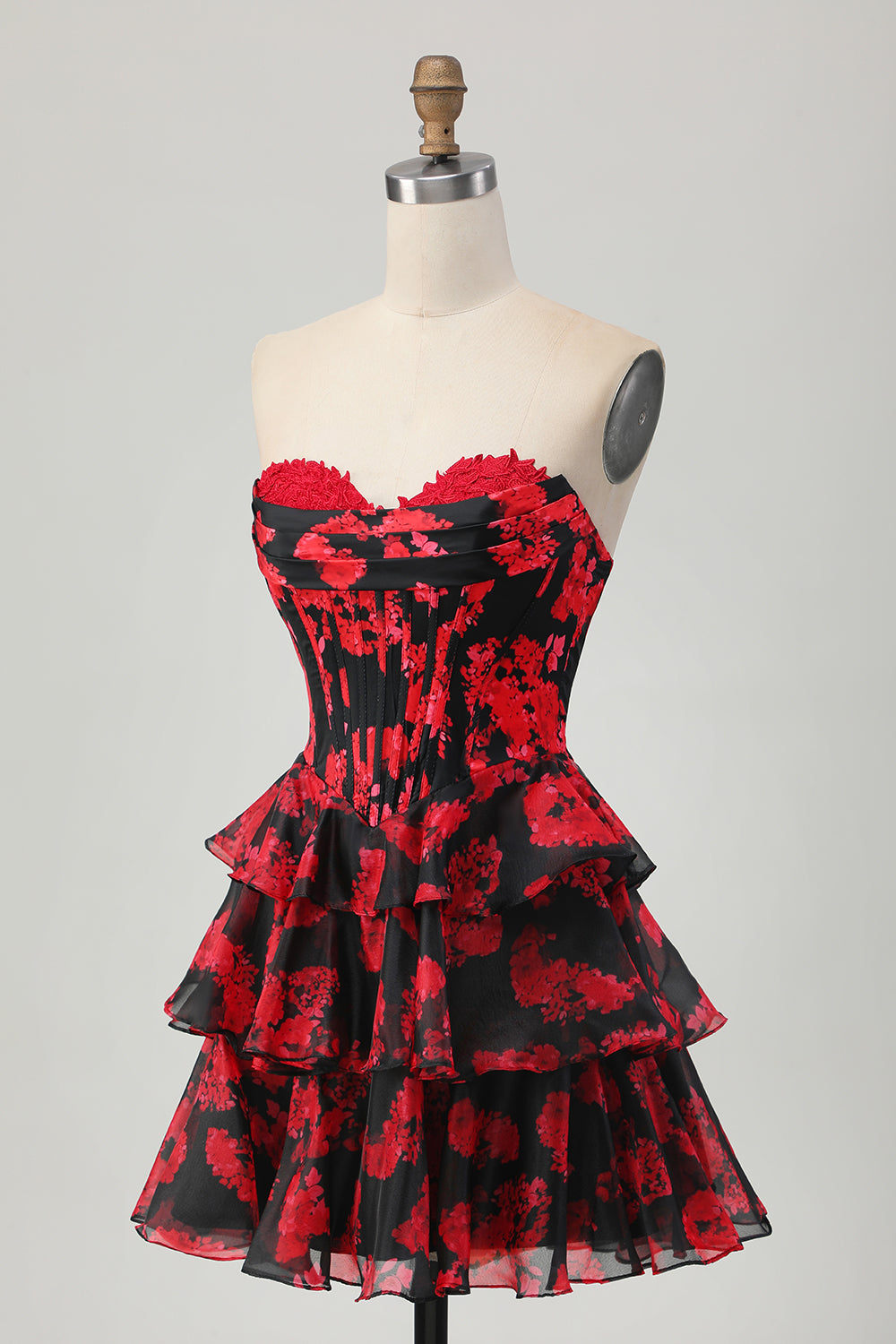 Black and Red Corset Sweetheart Floral Short Homecoming Dress with Ruffles