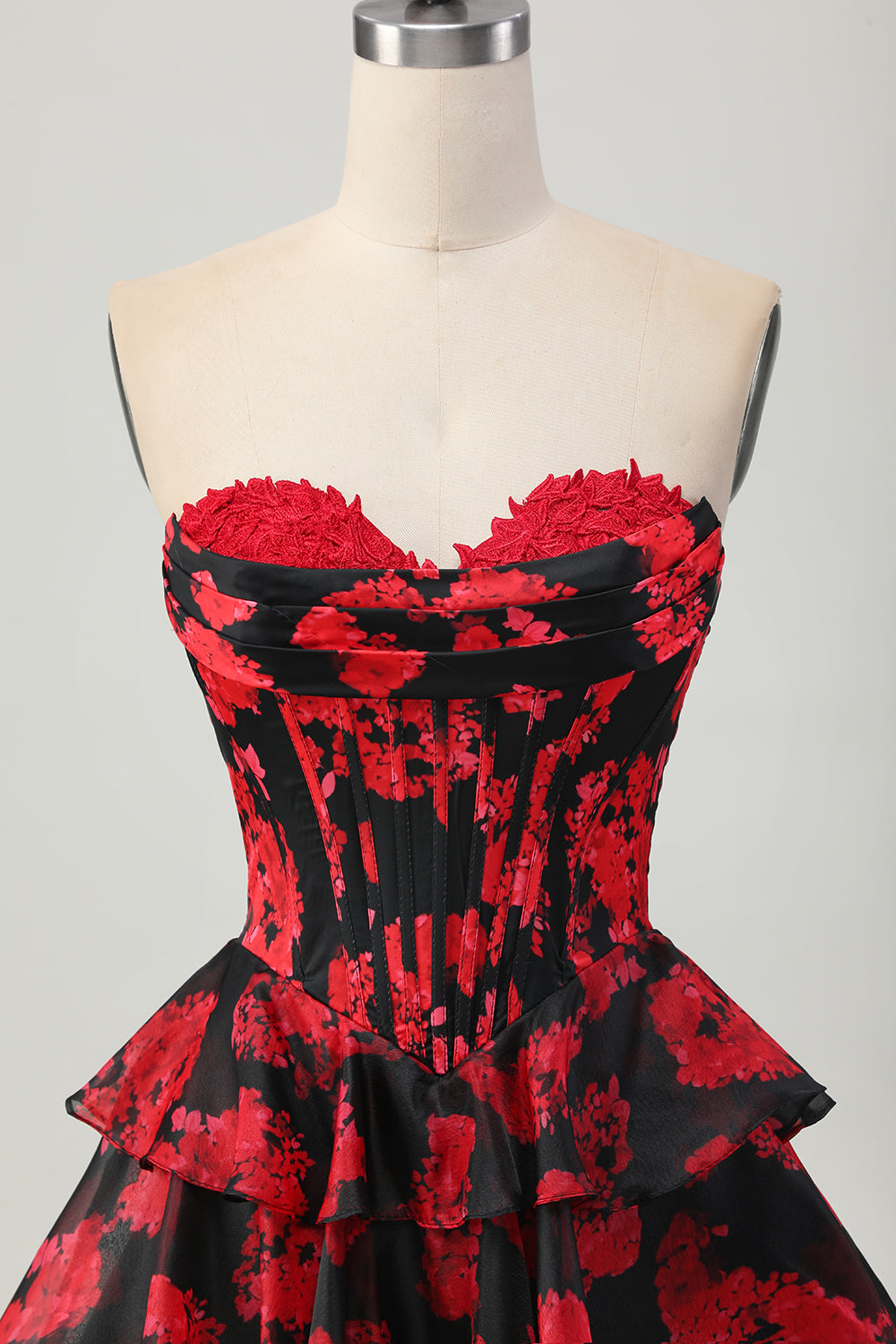 Black and Red Corset Sweetheart Floral Short Homecoming Dress with Ruffles