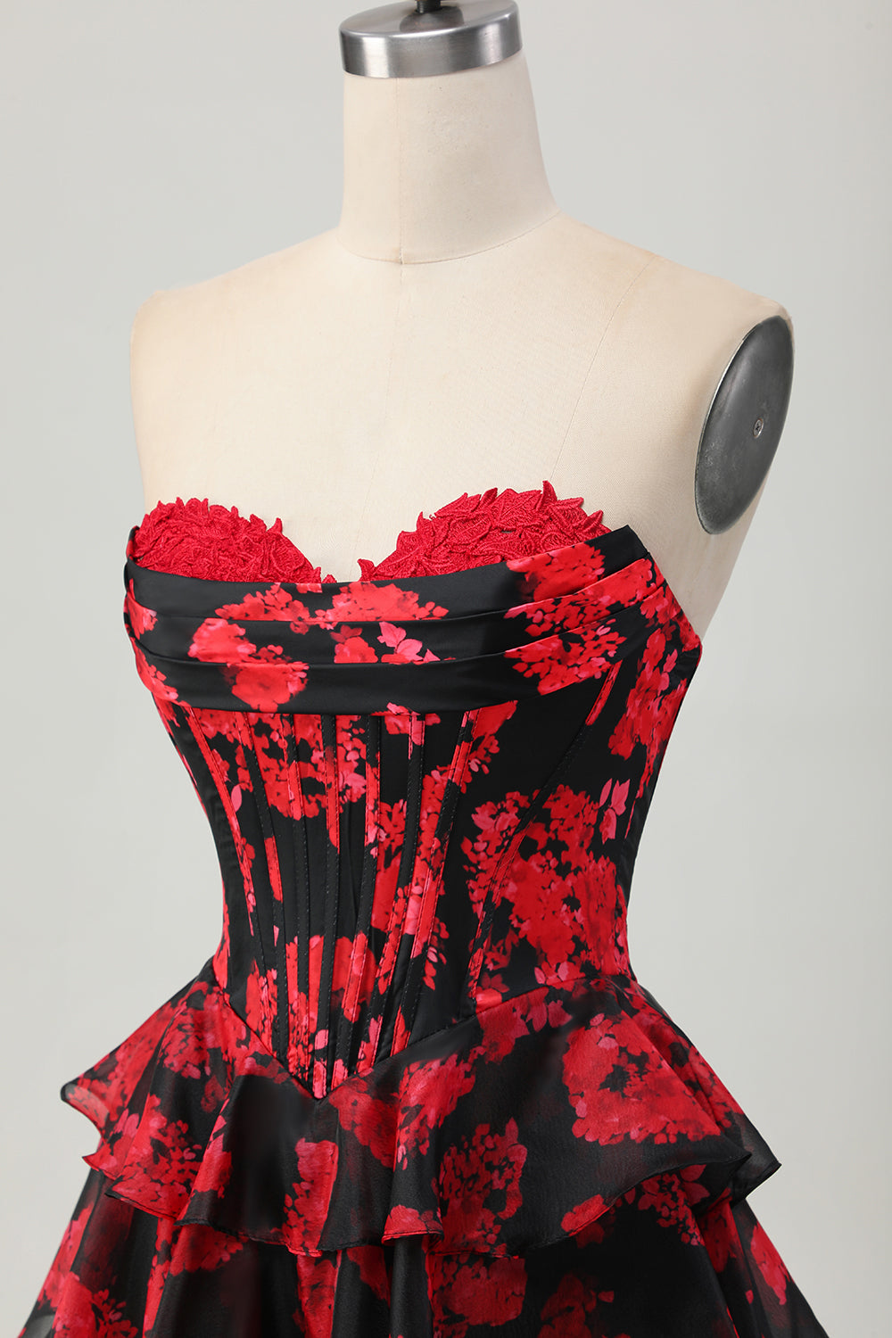 Black and Red Corset Sweetheart Floral Short Homecoming Dress with Ruffles