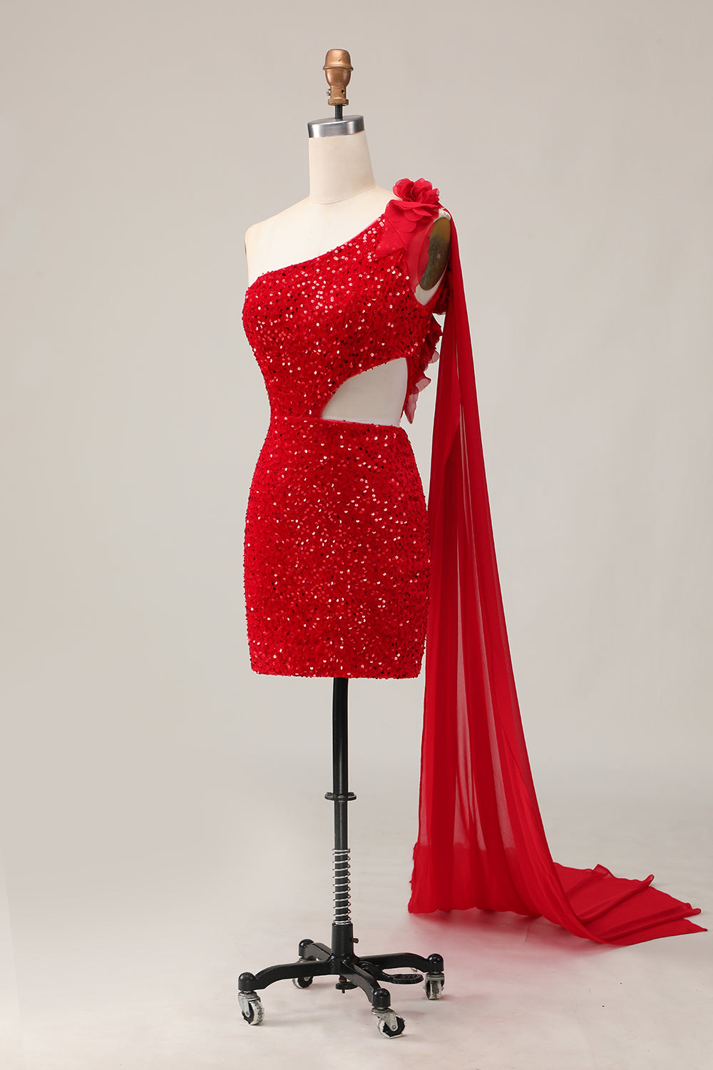 Sparkly Red One Shoulder Short Homecoming Dress with 3D Flowers