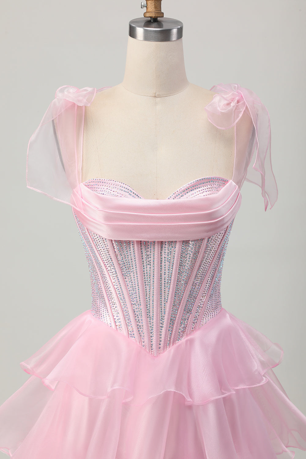 Sparkly Pink Corset Ruched Tiered Short Homecoming Dress with Beading
