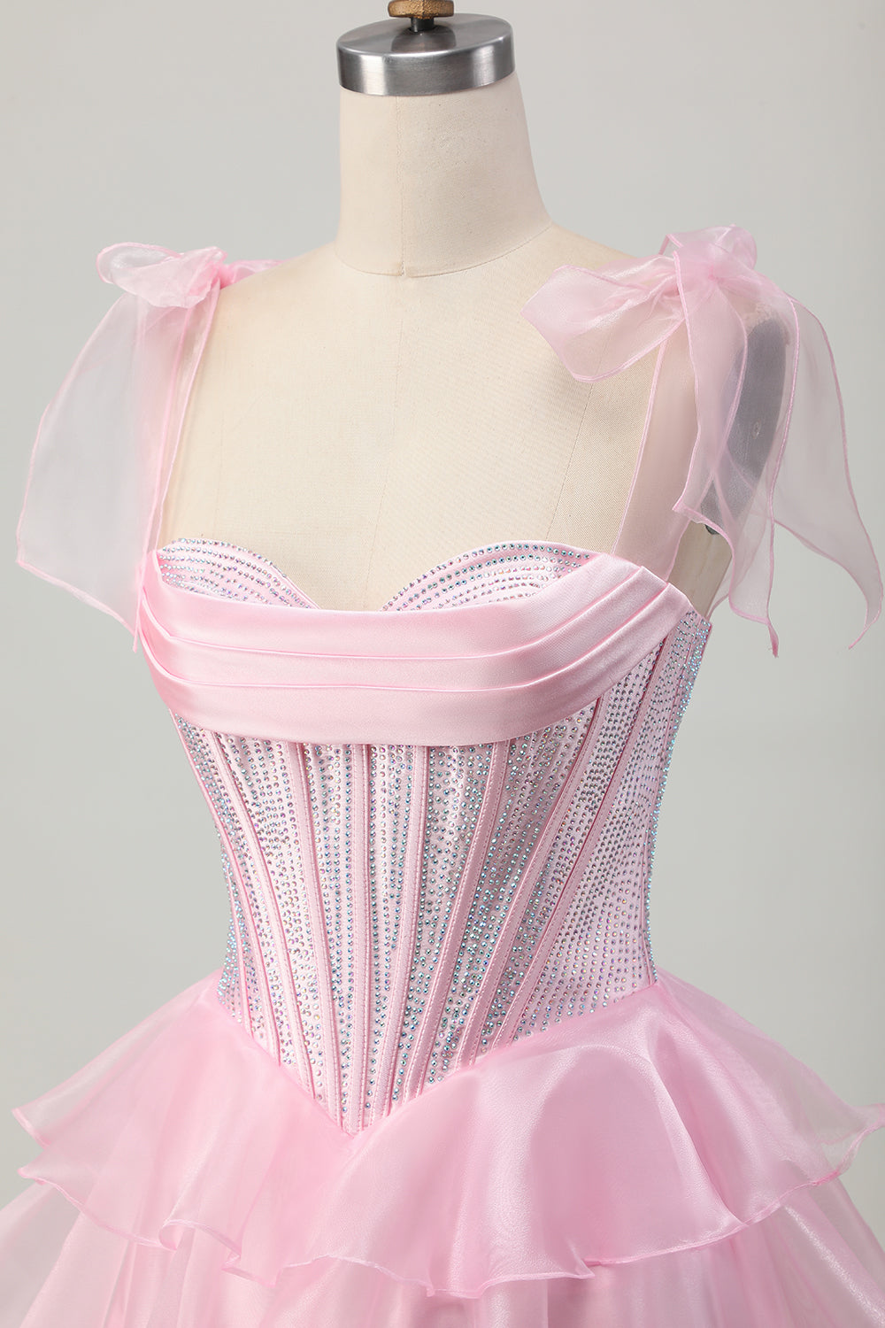Sparkly Pink Corset Ruched Tiered Short Homecoming Dress with Beading