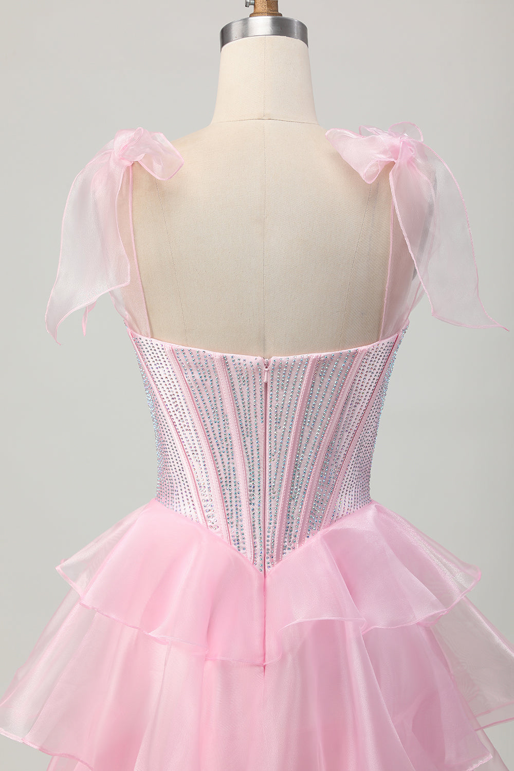 Sparkly Pink Corset Ruched Tiered Short Homecoming Dress with Beading