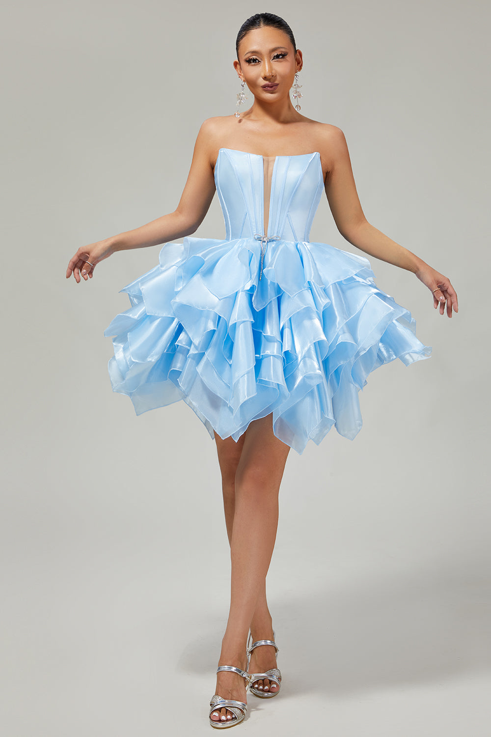 Blue Corset A Line Strapless Short Homecoming Dress with Ruffles
