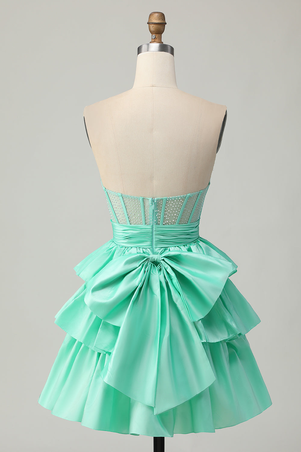 Sparkly Green Corset Ruffled Strapless Short Homecoming Dress with Bow