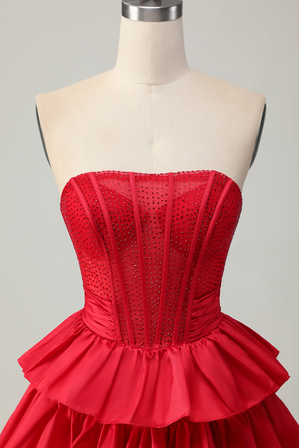 Sparkly Red Ruffled Corset Strapless Short Homecoming Dress with Bow