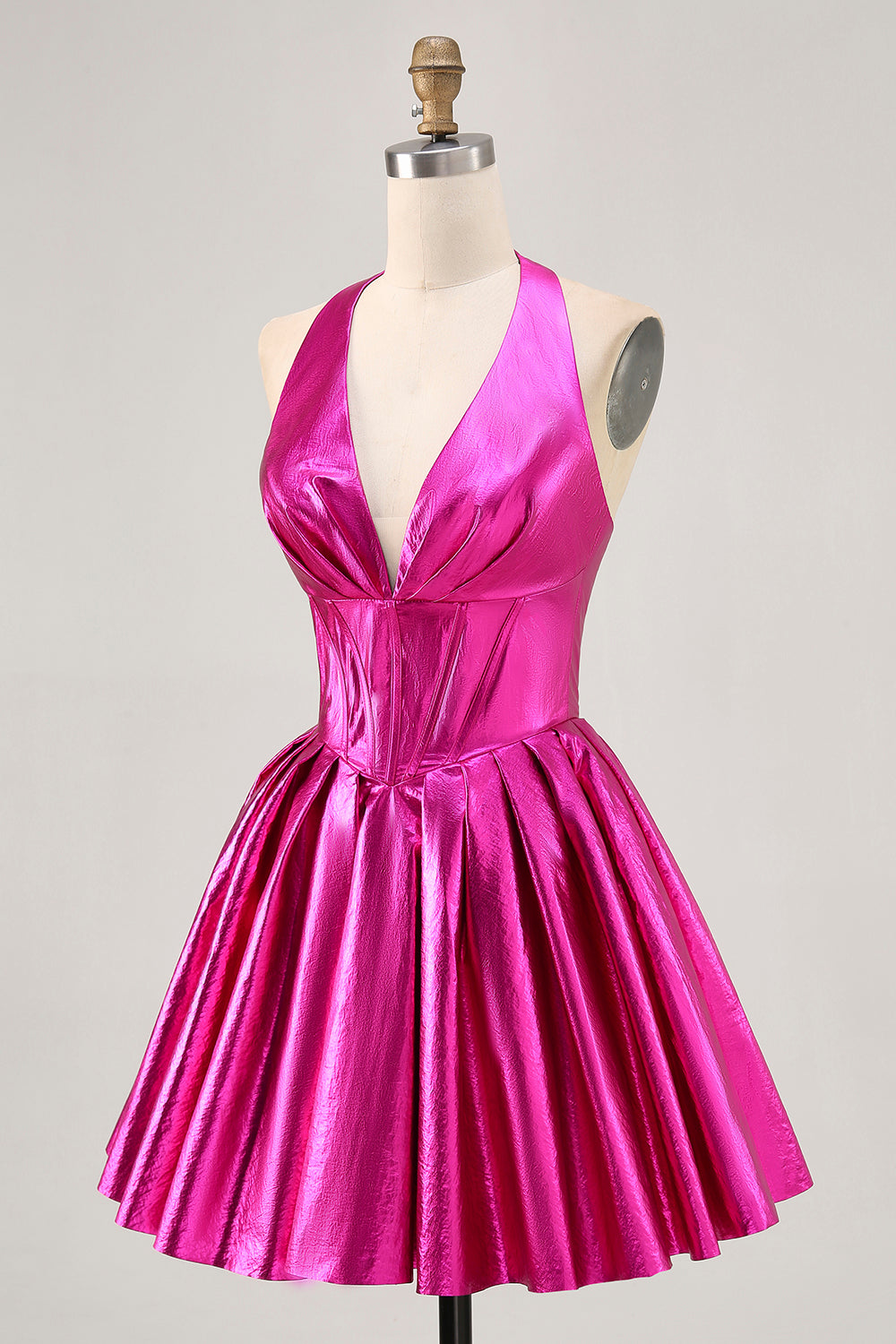 Fuchsia Metallic Halter A Line Short Corset Homecoming Dress