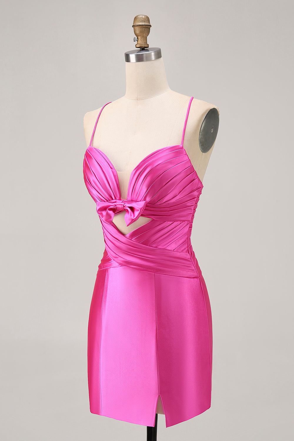 Fuchsia Tight Satin Short Keyhole Homecoming Dress with Bow