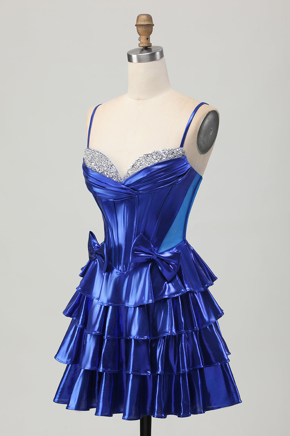 Sparkly Royal Blue Metallic Corset Ruffled Short Homecoming Dress with Bows