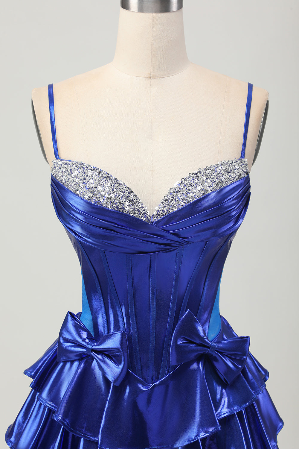 Sparkly Royal Blue Metallic Corset Ruffled Short Homecoming Dress with Bows