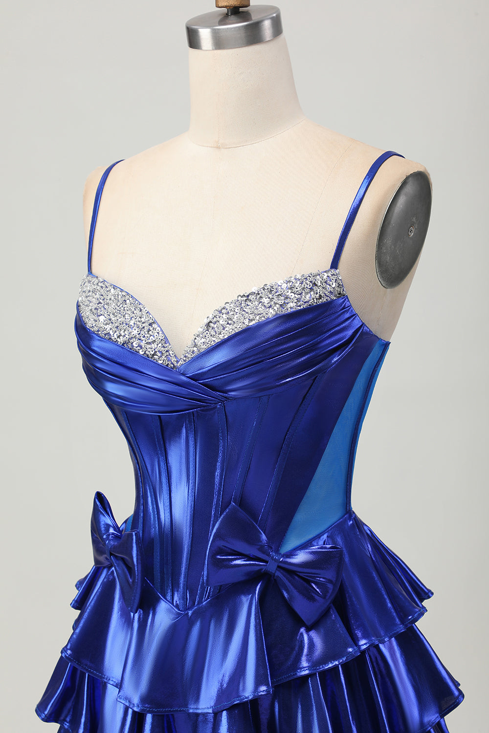 Sparkly Royal Blue Metallic Corset Ruffled Short Homecoming Dress with Bows