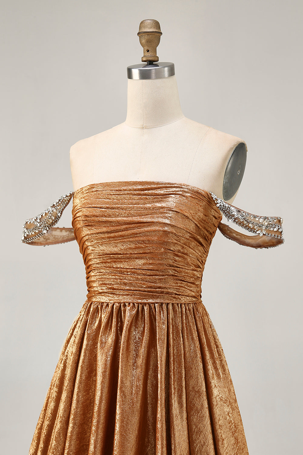 Sparkly Golden Metallic Off the Shoulder A Line Short Homecoming Dress