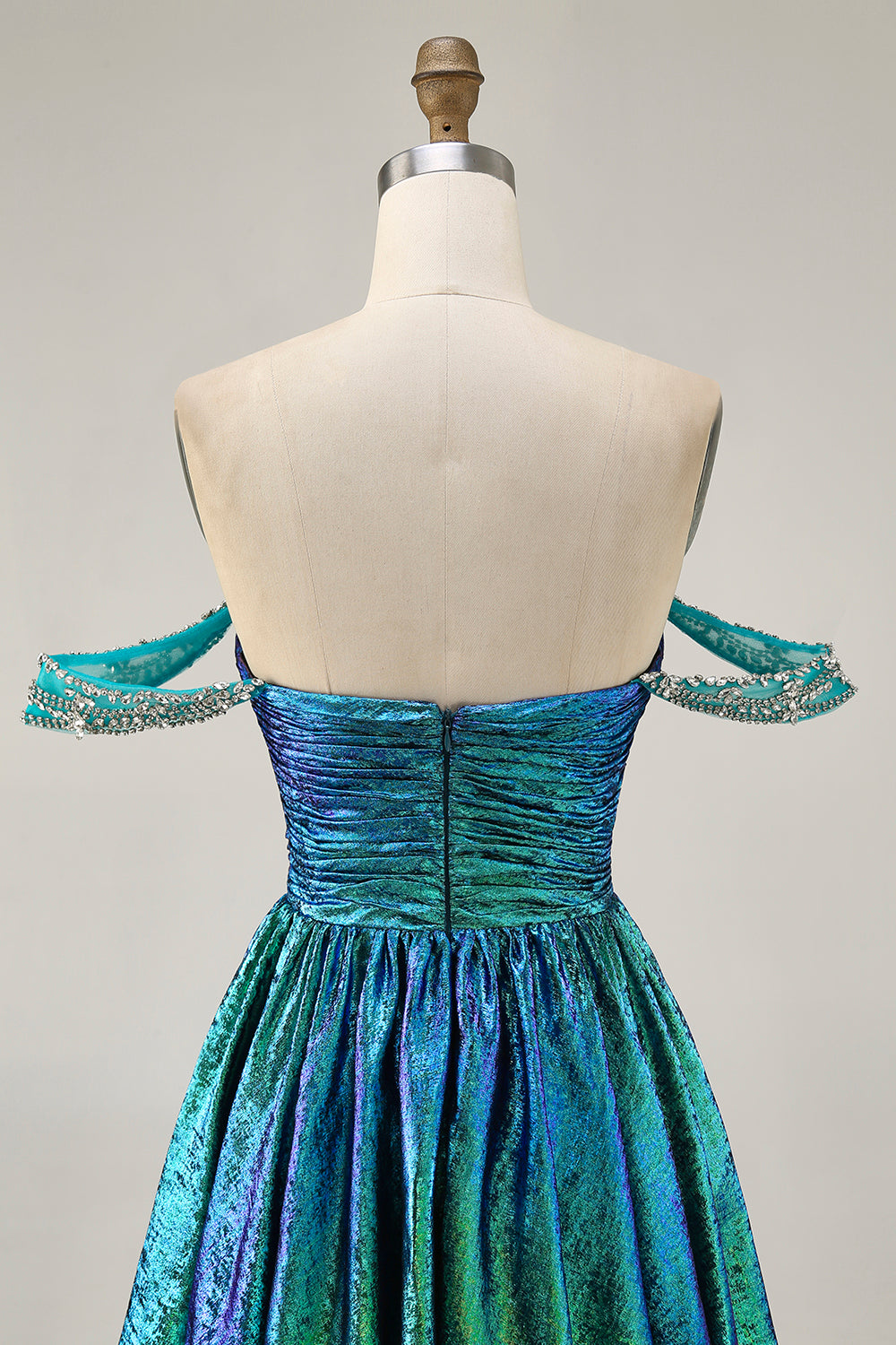 Sparkly Green Metallic A Line Off the Shoulder Short Homecoming Dress