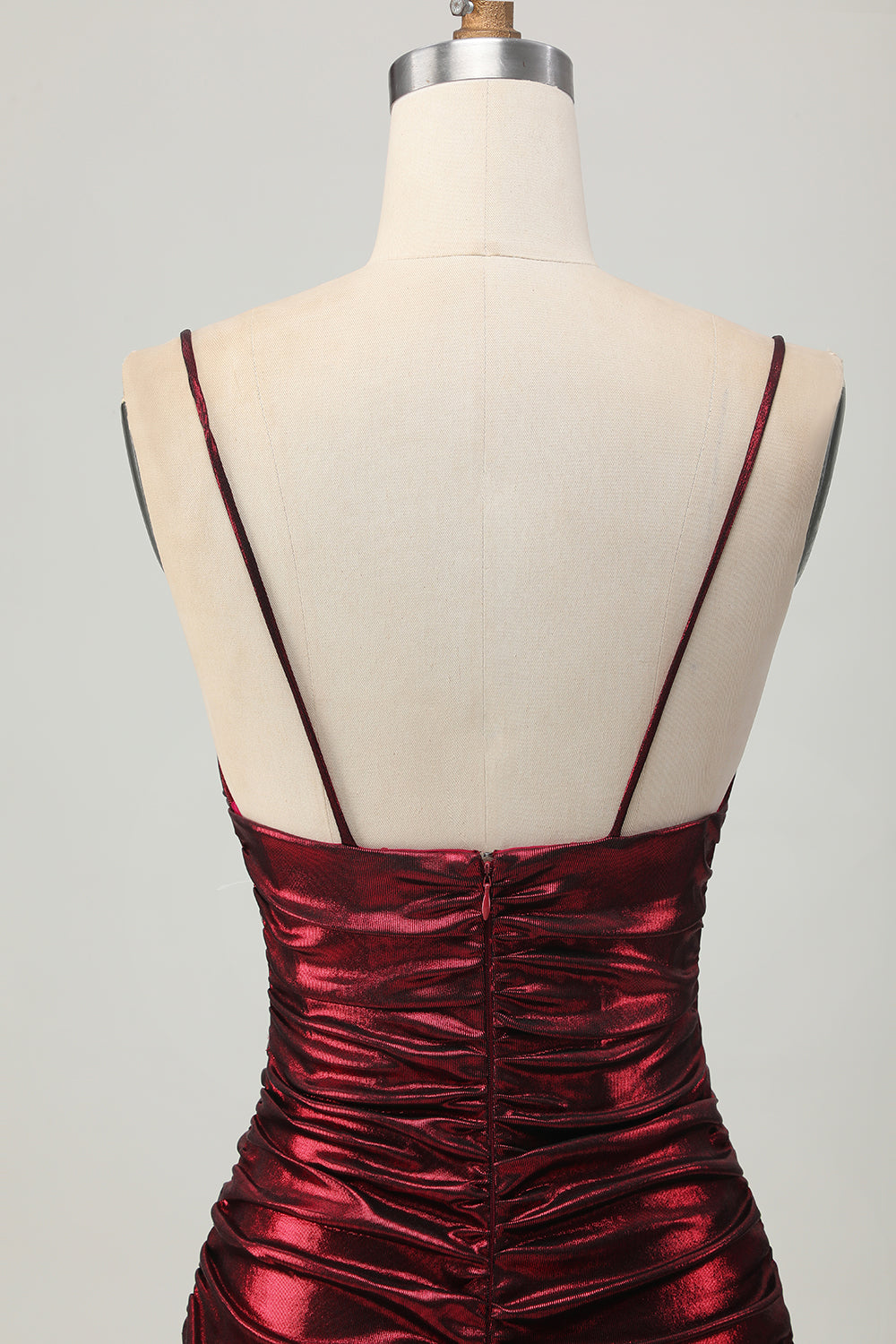 Burgundy Tight Ruched Spaghetti Straps Short Metallic Homecoming Dress