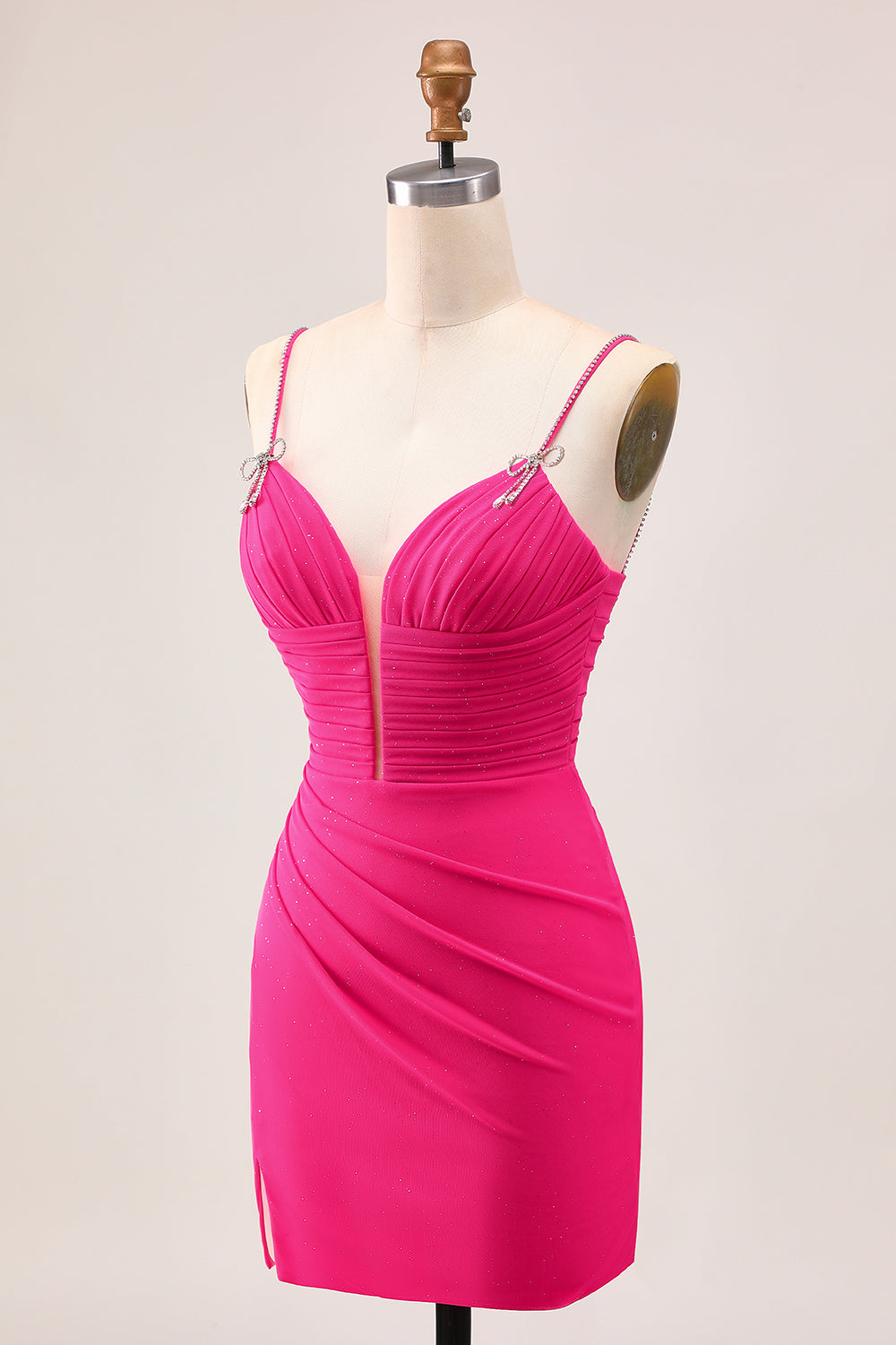 Sparkly Fuchsia Spaghetti Straps Tight Short Homecoming Dress with Beading