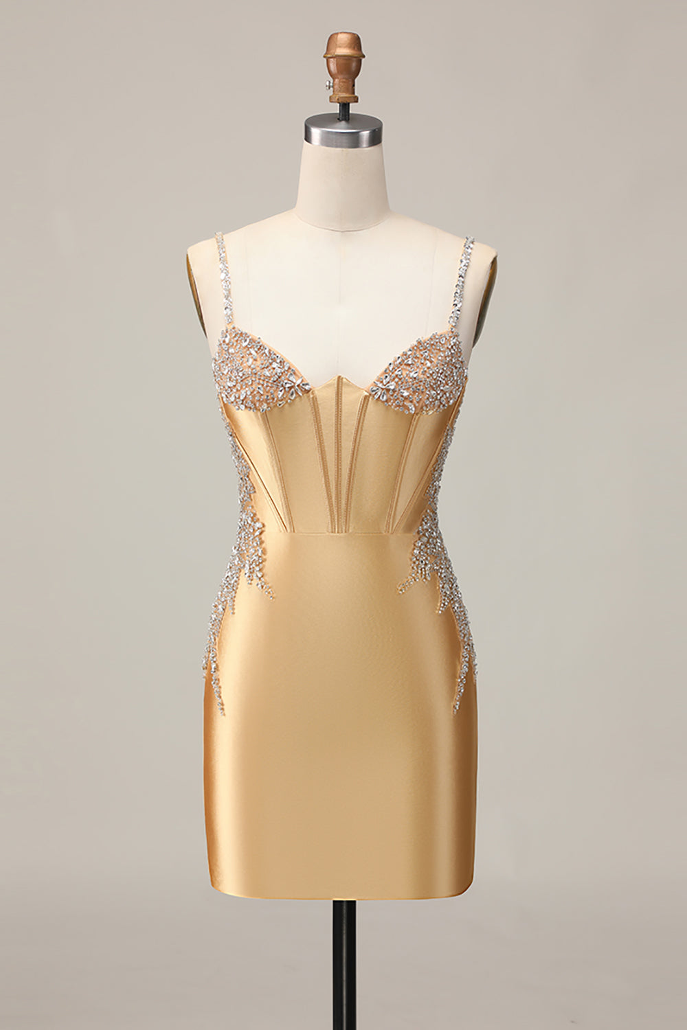 Sparkly Golden Corset Satin Short Tight Homecoming Dress with Beading