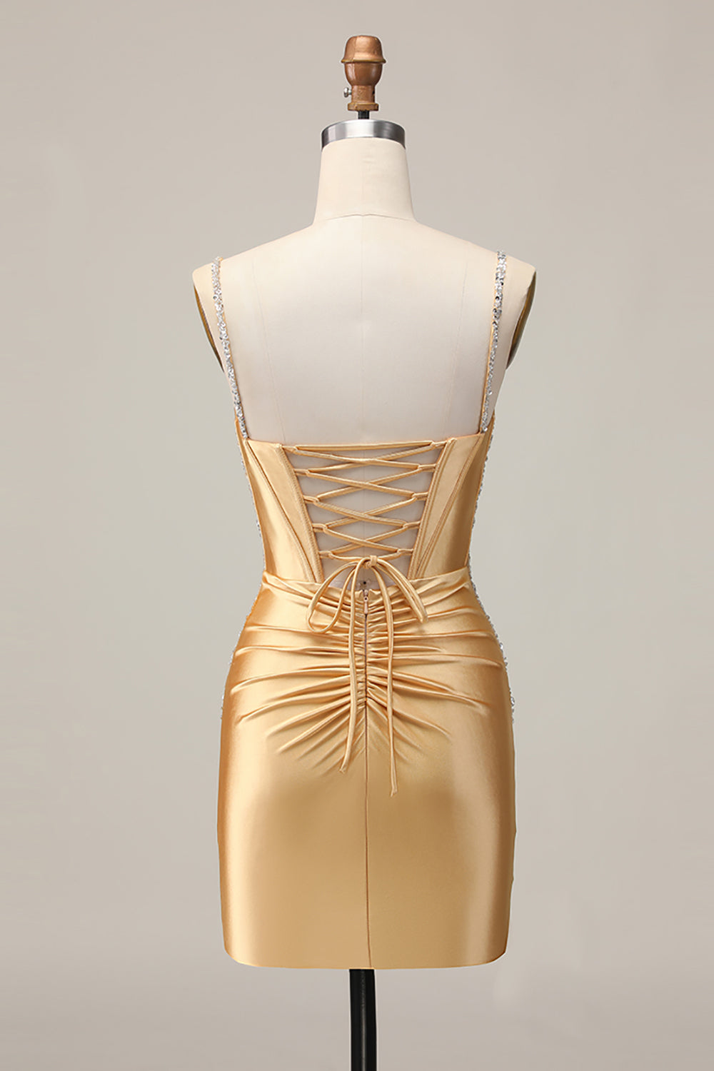 Sparkly Golden Corset Satin Short Tight Homecoming Dress with Beading