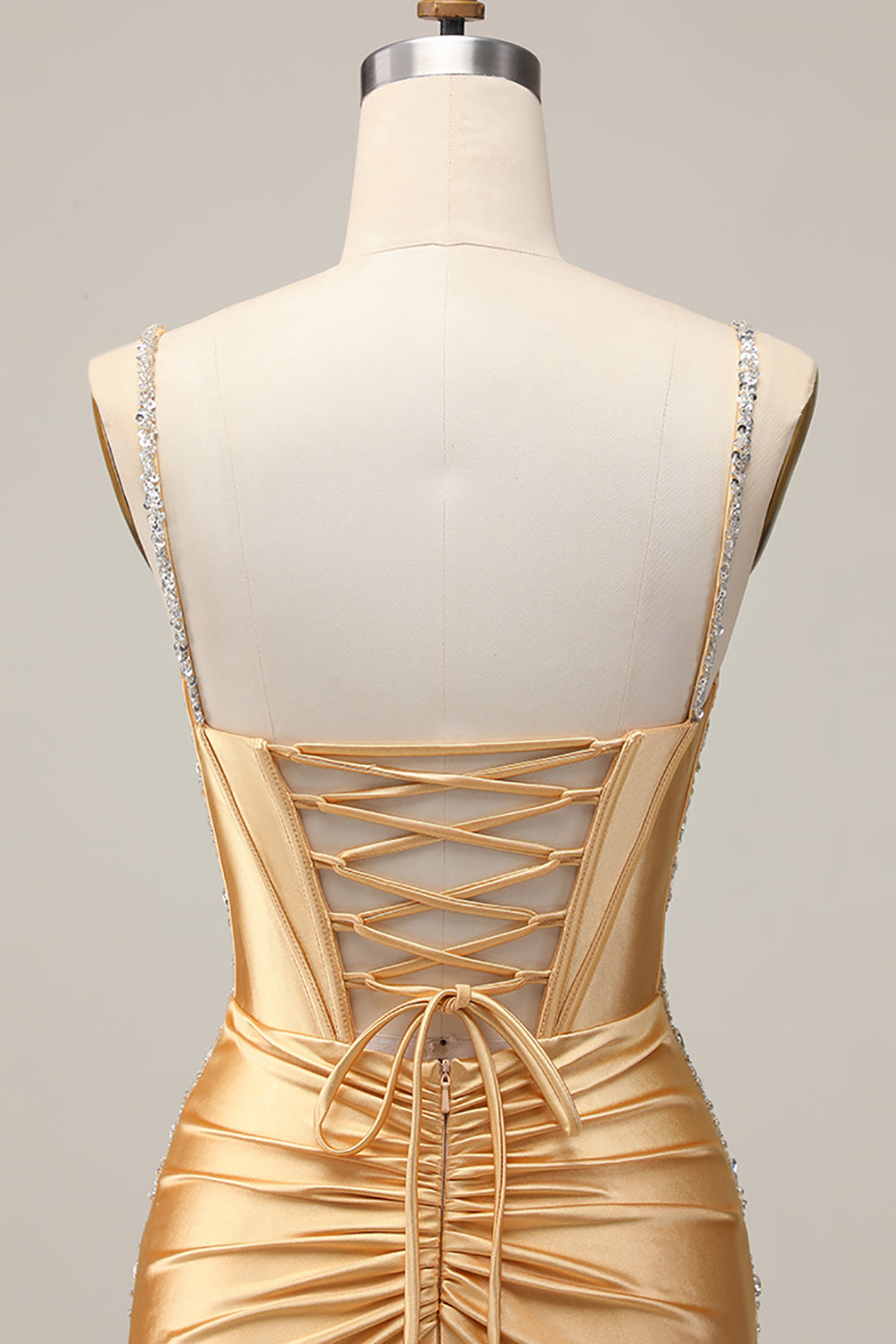 Sparkly Golden Corset Satin Short Tight Homecoming Dress with Beading