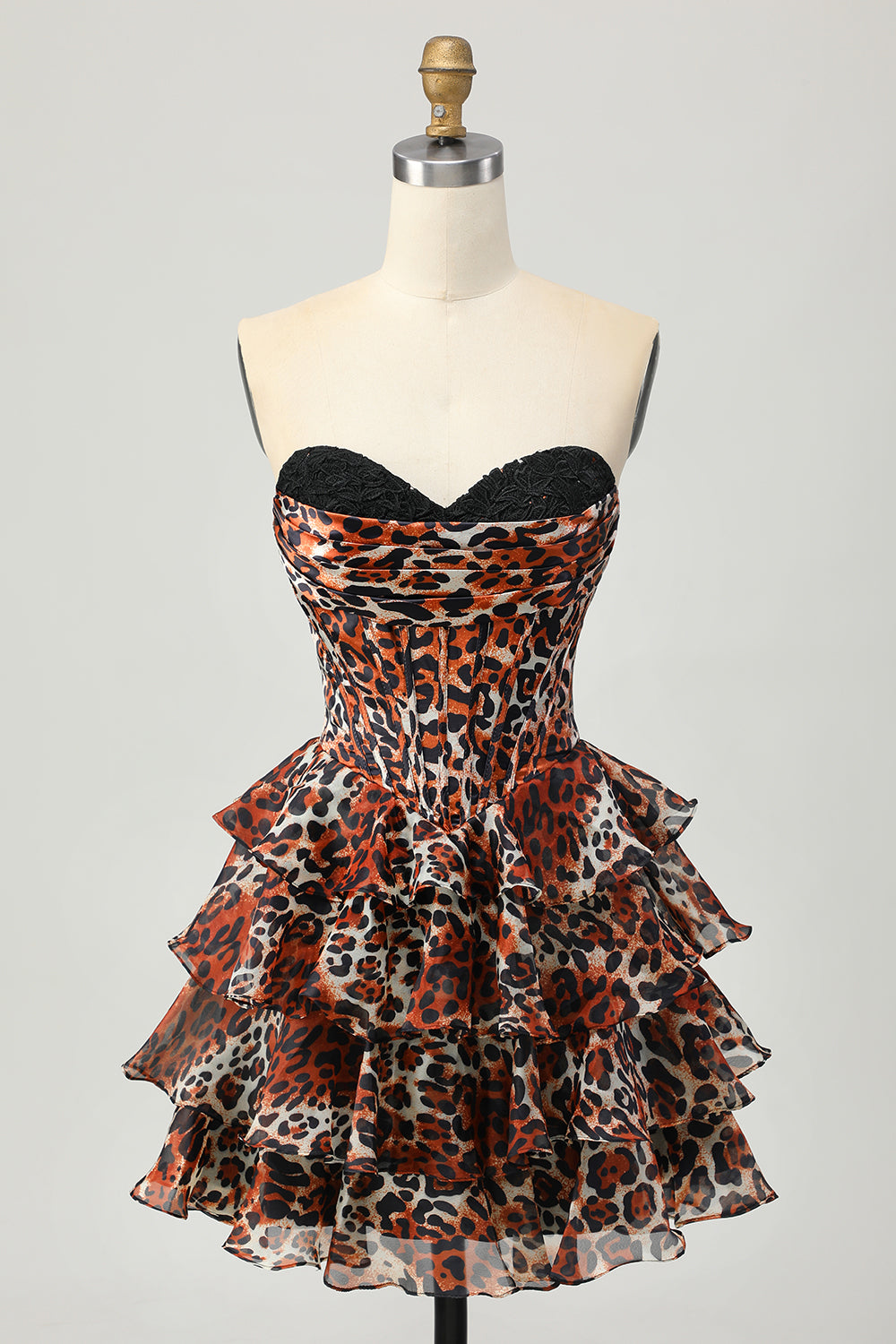 Khaki Leopard Print Corset Strapless Short Homecoming Dress with Ruffles