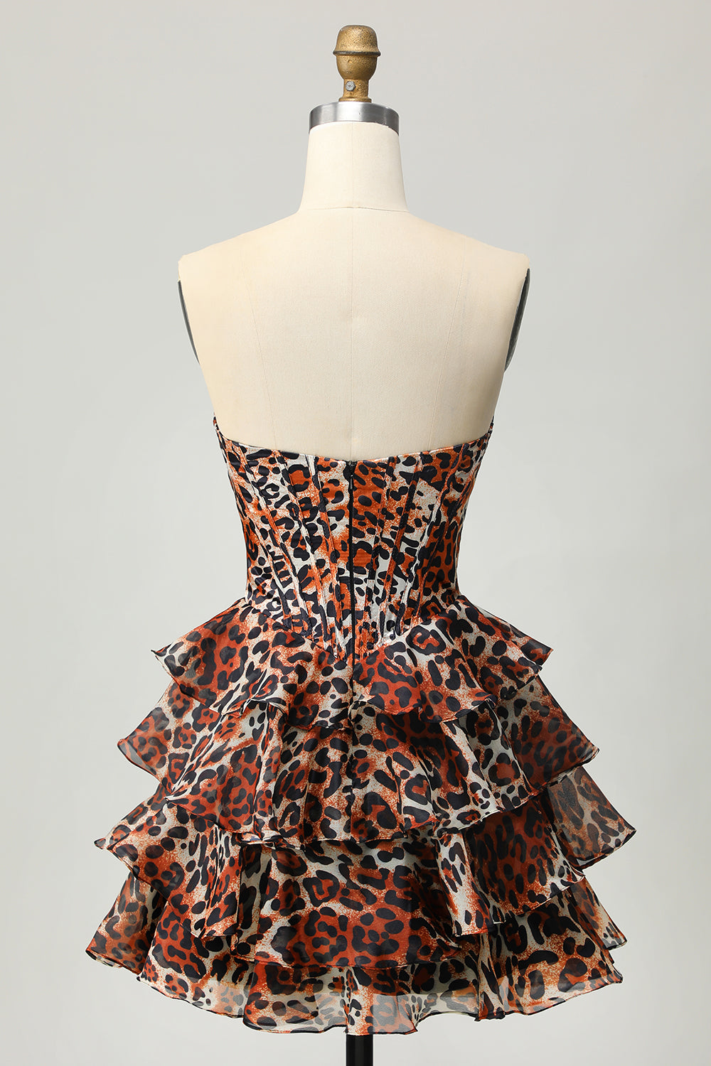 Khaki Leopard Print Corset Strapless Short Homecoming Dress with Ruffles