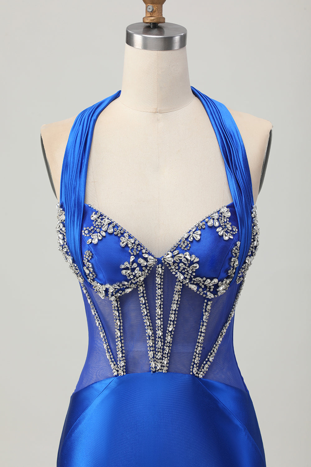 Sparkly Royal Blue Corset Halter Tight Short Homecoming Dress with Rhinestones