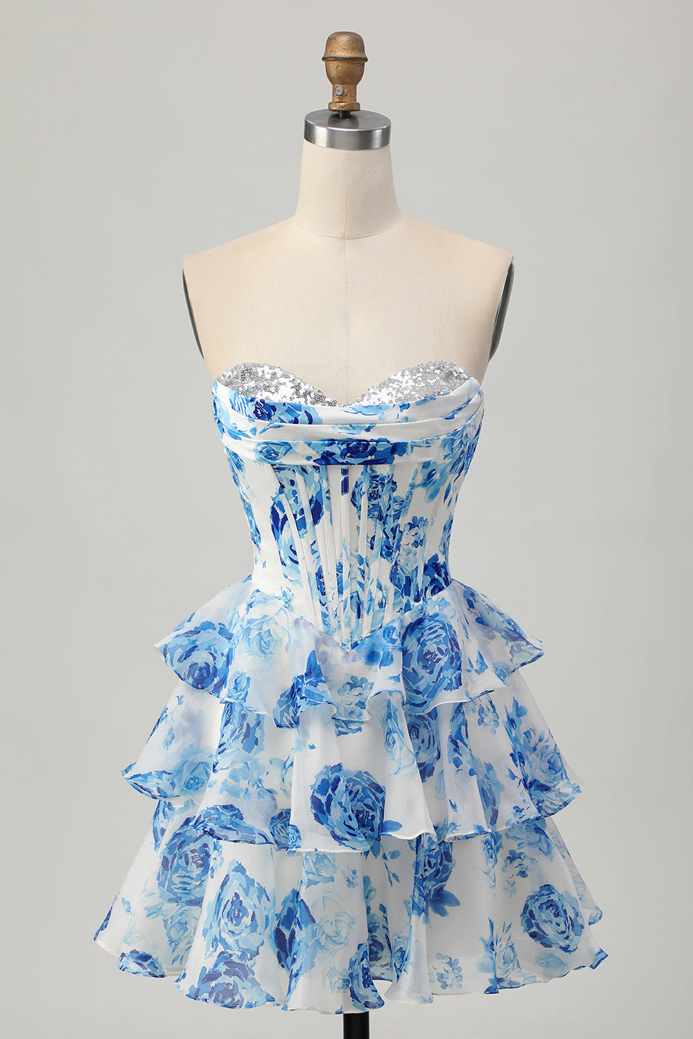Sparkly White and Blue Floral Corset Sweetheart Short Homecoming Dress