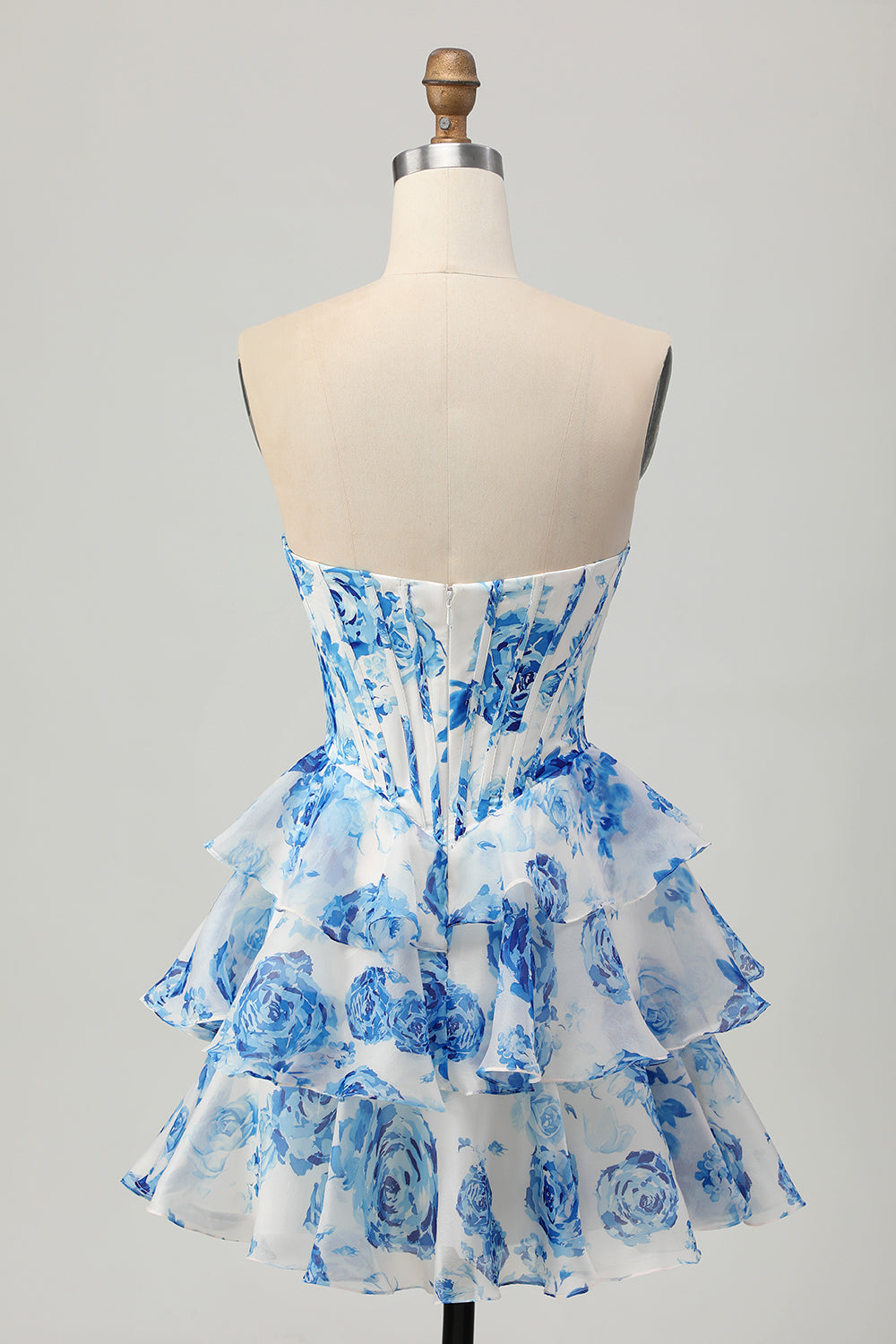 Sparkly White and Blue Floral Corset Sweetheart Short Homecoming Dress
