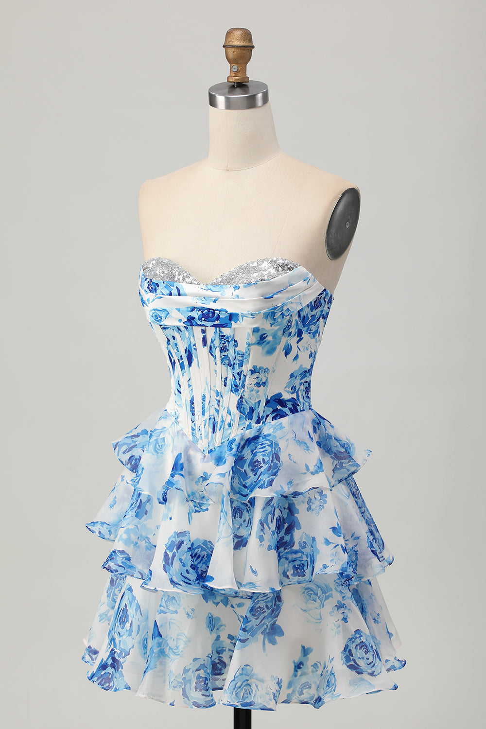Sparkly White and Blue Floral Corset Sweetheart Short Homecoming Dress