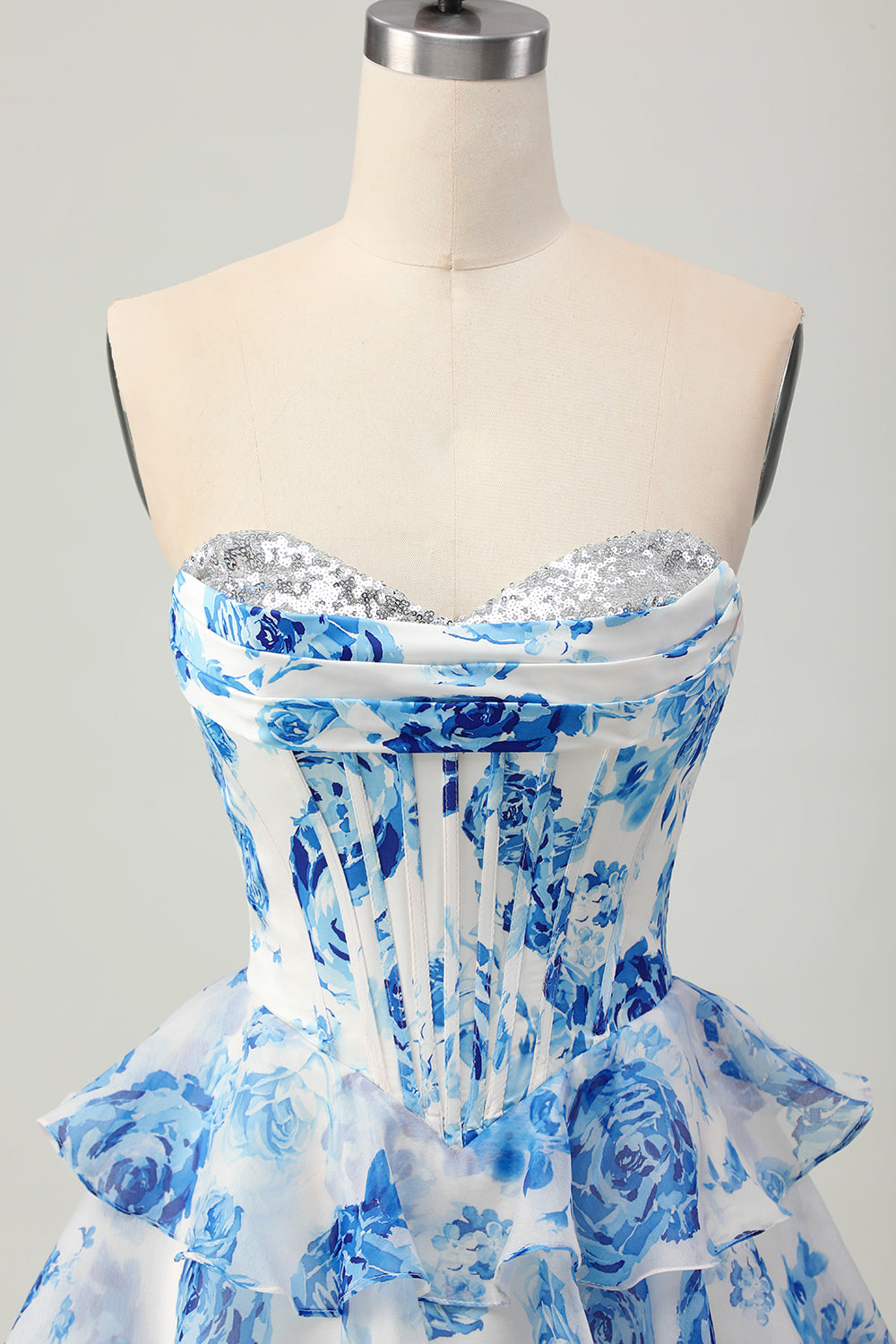 Sparkly White and Blue Floral Corset Sweetheart Short Homecoming Dress
