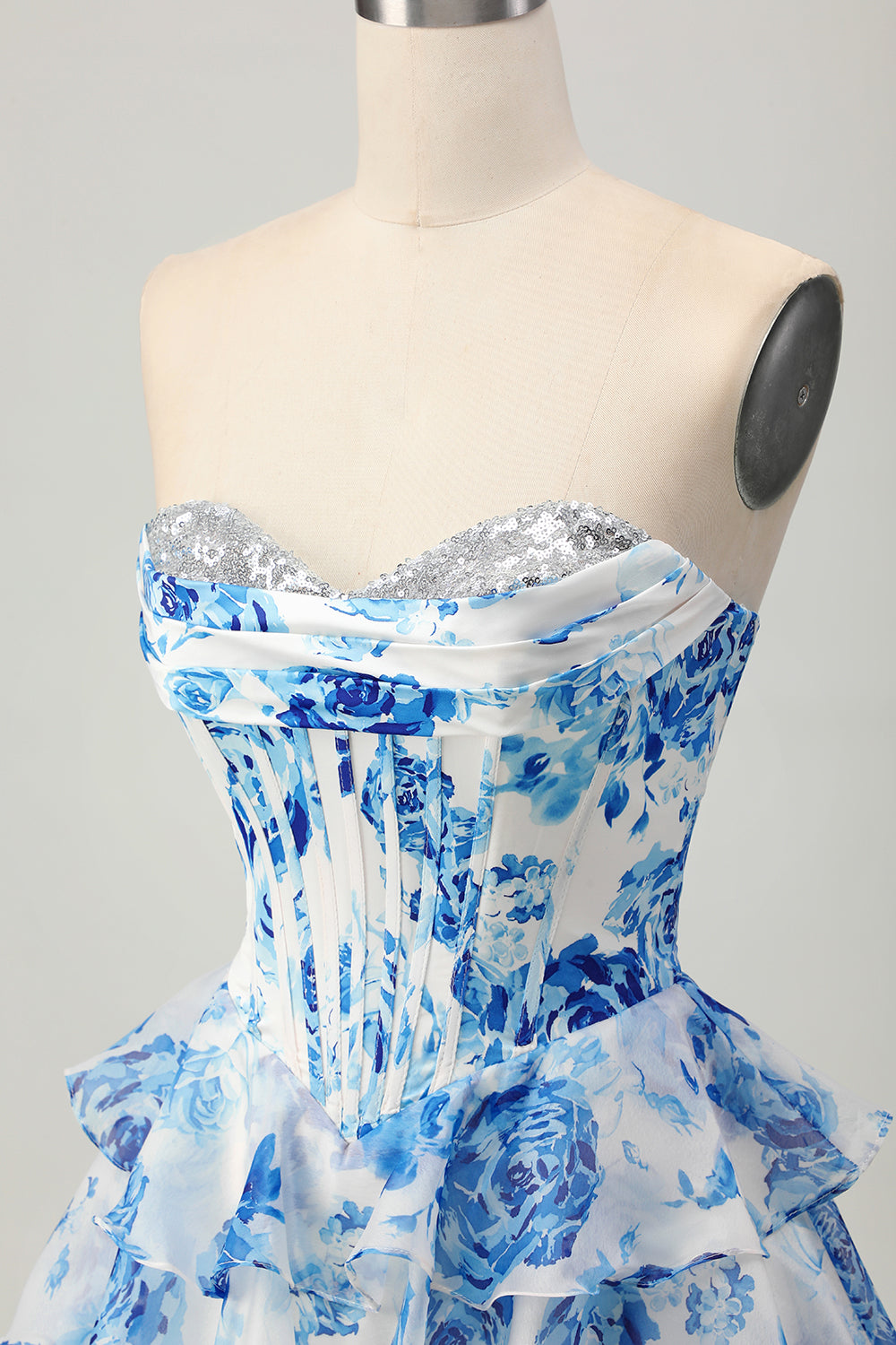 Sparkly White and Blue Floral Corset Sweetheart Short Homecoming Dress