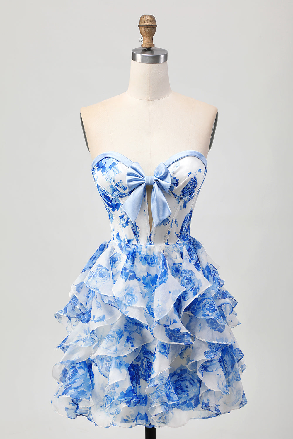 White and Blue Corset Floral Ruffled Short Homecoming Dress with Bow