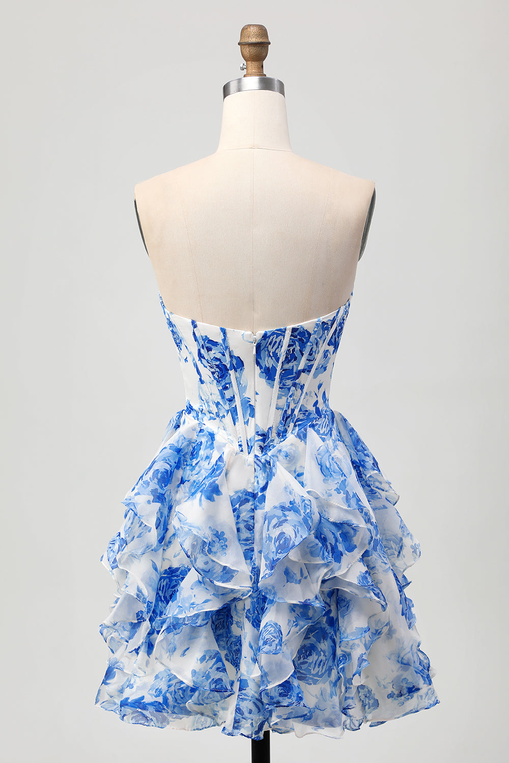 White and Blue Corset Floral Ruffled Short Homecoming Dress with Bow
