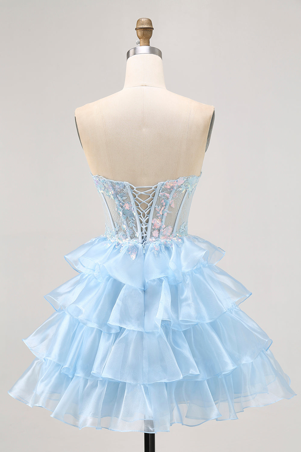 Sparkly Blue Sweetheart Ruffled Short Corset Homecoming Dress with Lace