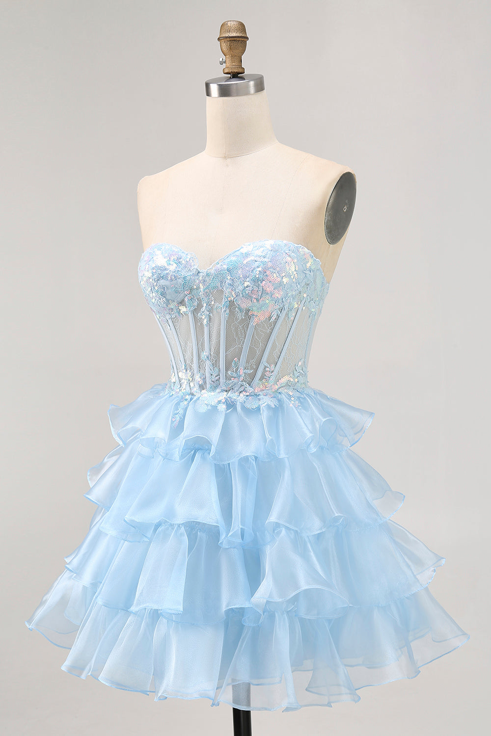 Sparkly Blue Sweetheart Ruffled Short Corset Homecoming Dress with Lace