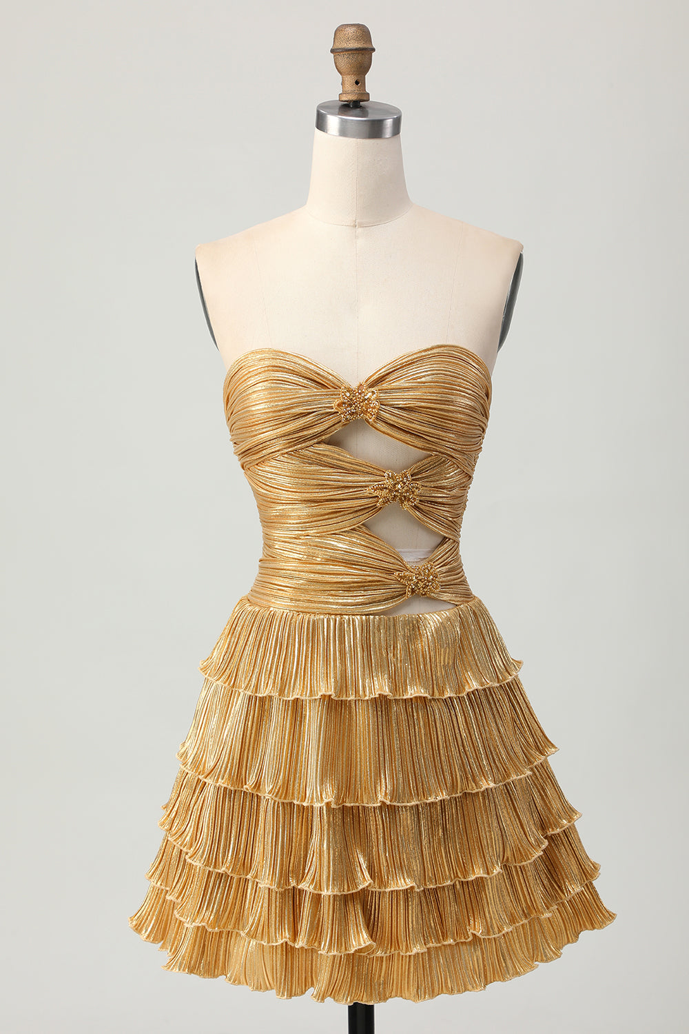 Zapaka Sparkly Golden Floral Short Metallic Homecoming Dress with Keyholes Sweetheart  Cocktail Dress with Ruffles Tiered A Line Pleated Hoco Dress