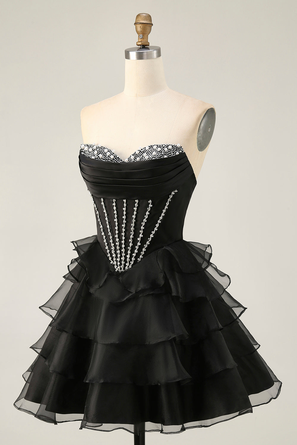 Sparkly Black Corset Tiered Short Homecoming Dress with Beading