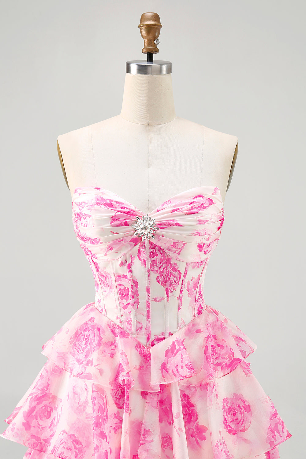 Sparkly Fuchsia Floral Short Corset Homecoming Dress with Rhinestones