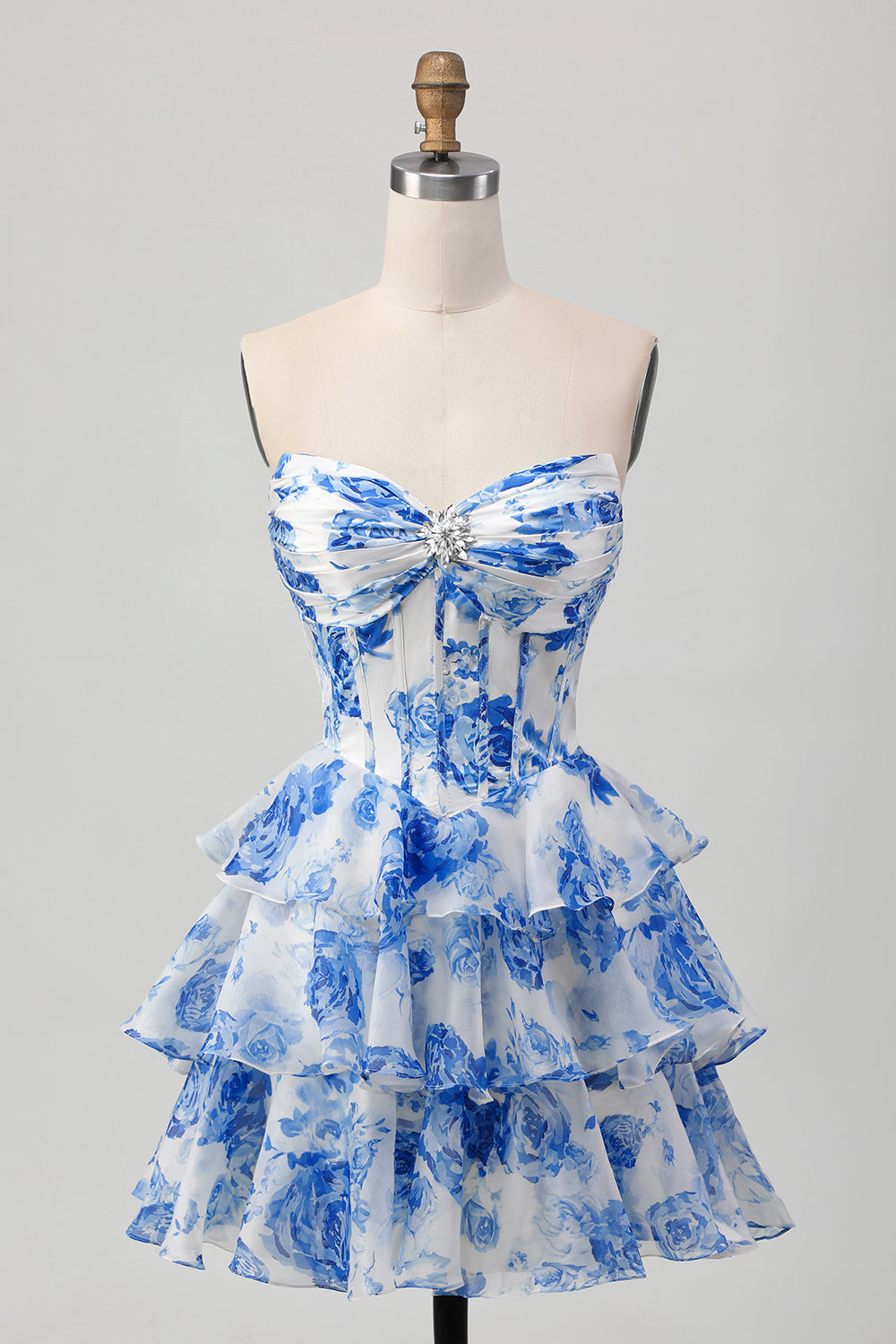 Sparkly White and Blue Floral Corset Short Homecoming Dress with Rhinestones A Line Strapless Tiered Ruched Cocktail Dress with Ruffles