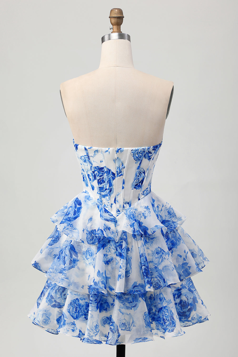 Sparkly White and Blue Floral Corset Short Homecoming Dress with Rhinestones