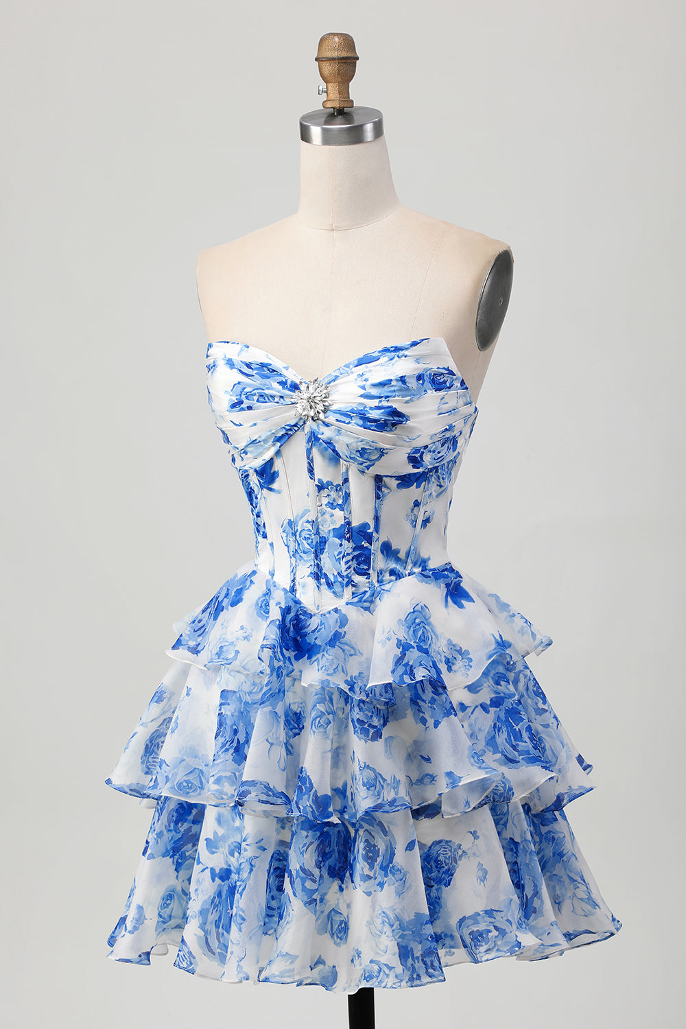 Sparkly White and Blue Floral Corset Short Homecoming Dress with Rhinestones
