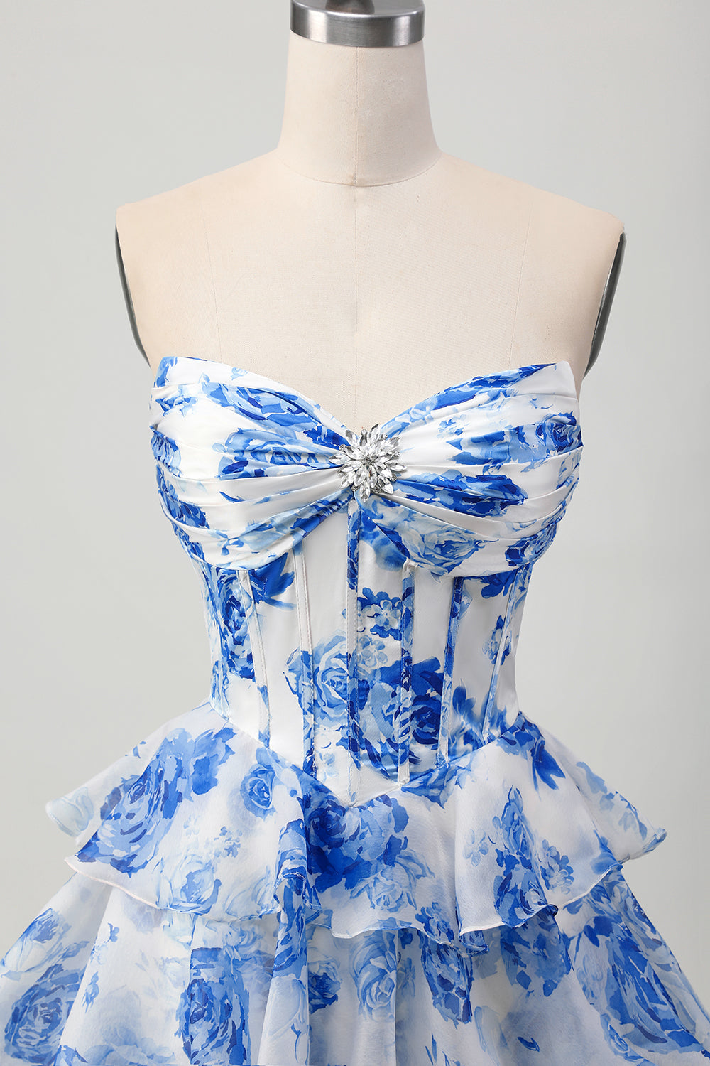Sparkly White and Blue Floral Corset Short Homecoming Dress with Rhinestones