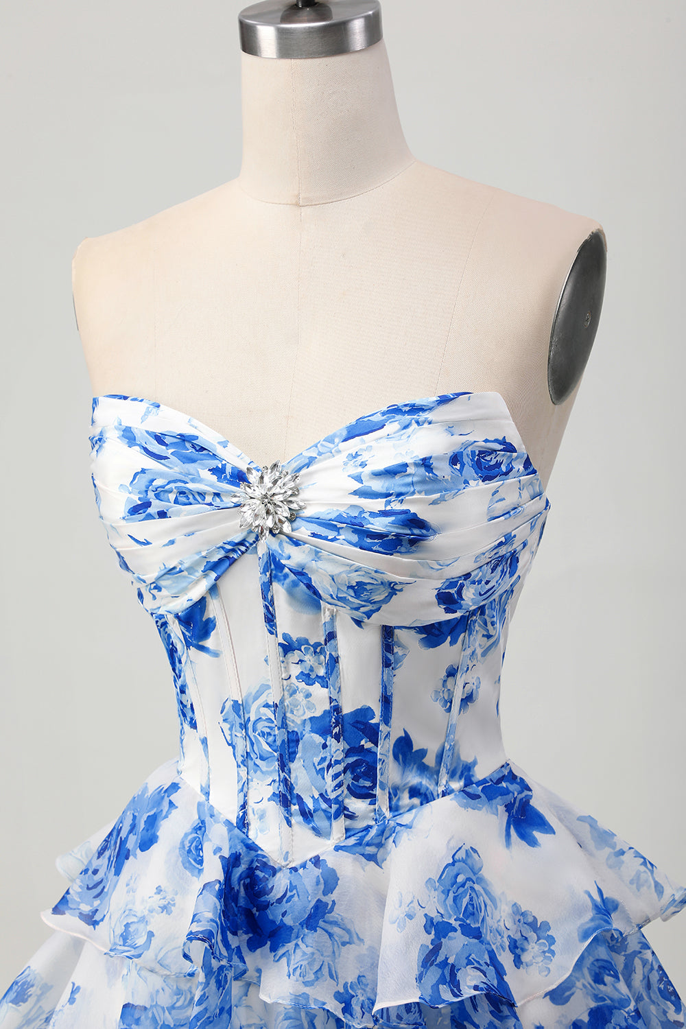Sparkly White and Blue Floral Corset Short Homecoming Dress with Rhinestones