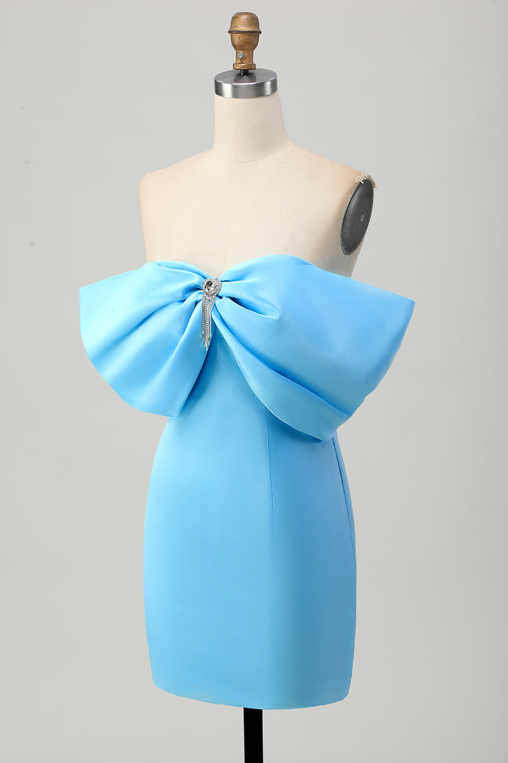 Sparkly Blue Tight Satin Off the Shoulder Short Homecoming Dress with Bow