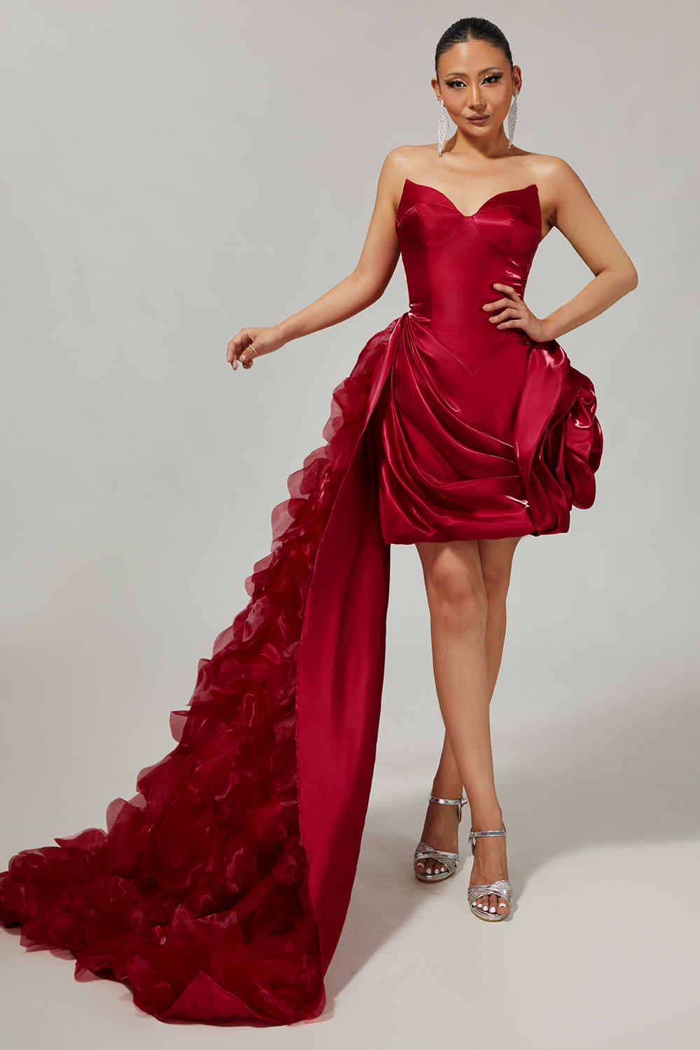 Burgundy Satin Tight Short Homecoming Dress with 3D Flower