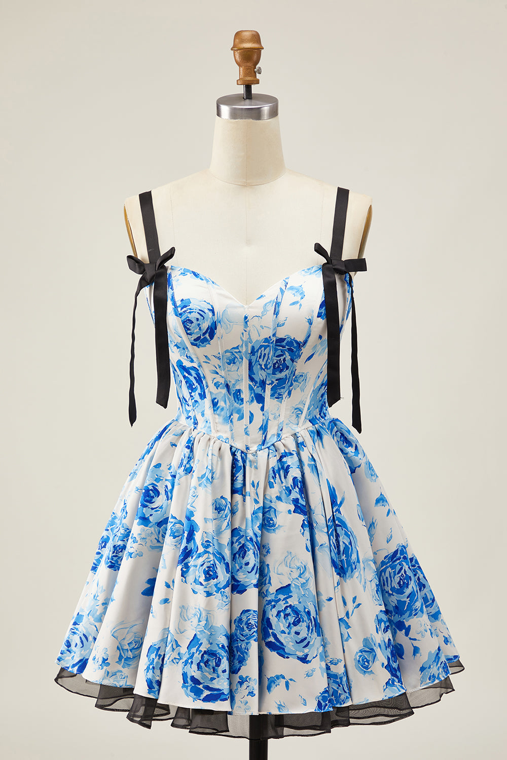 White Blue Corset Floral A Line Short Homecoming Dress with Bow